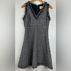 Kate Spade Dashing Beauty Houndstooth Sz 4 Tweed Fringe Trim A-Line Mini Dress